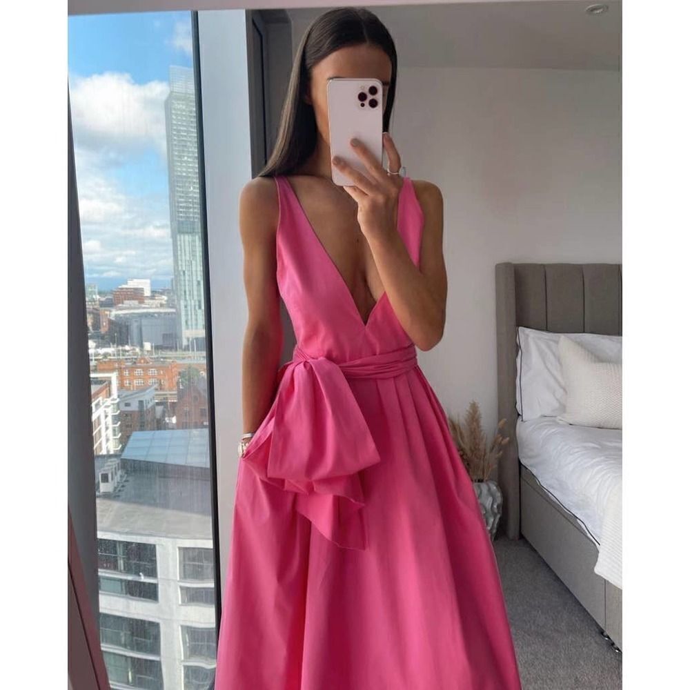 Zara Bow Pink Midi Dress Deep Plunge Poplin New Barbiecore Barbie - Picture 3 of 16